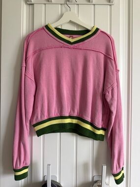 Free people Pink V-Neck Cropped Sweatshirt with Green & Yellow Trim